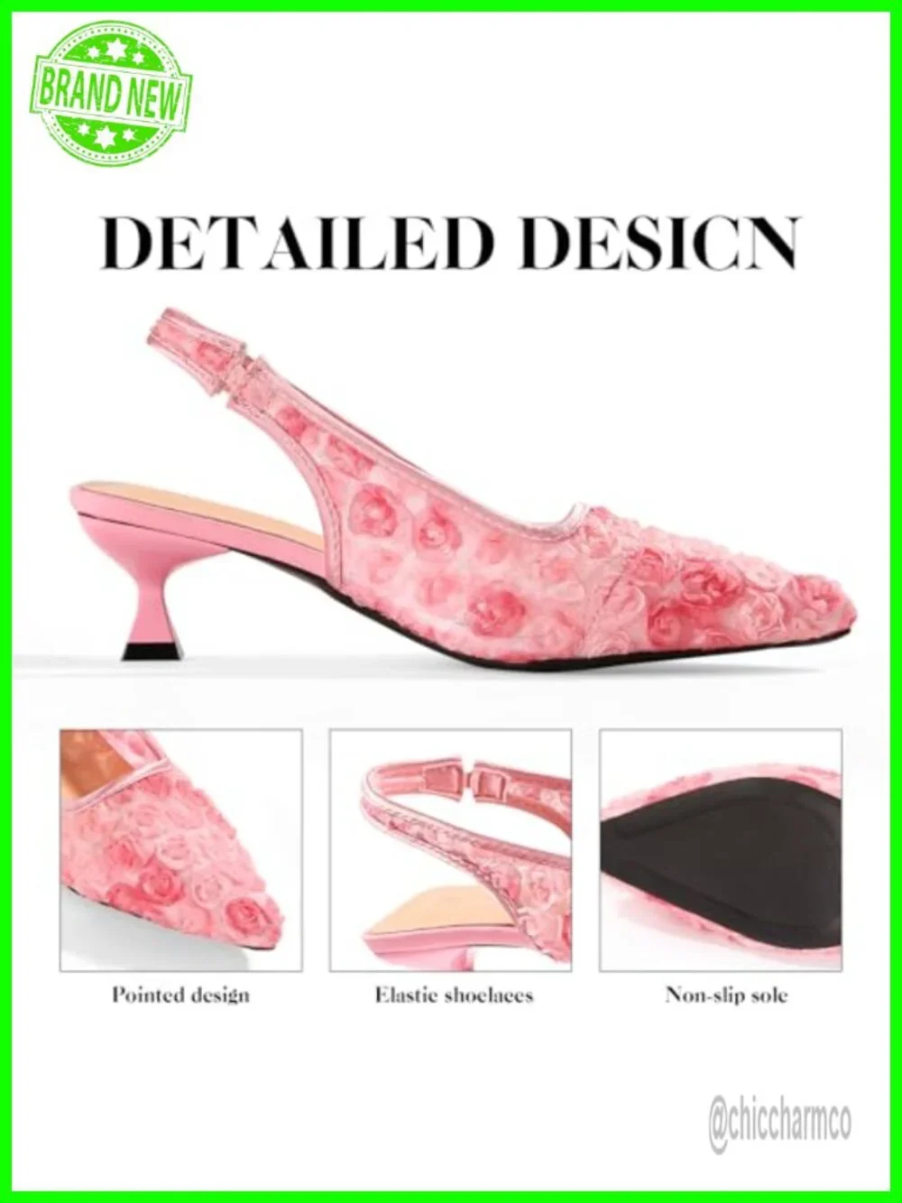 Women's Kitten Heels Lace Slingback Pointed Toe Floral Mesh Low Heel Dress